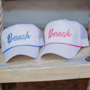 Beach Cursive White Trucker Cap with Rope