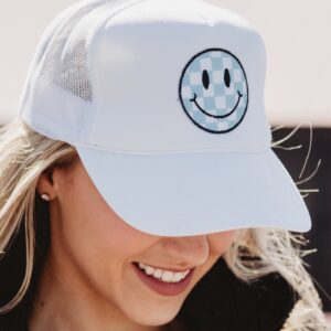 Light Blue Checkered Happy Face Foam Trucker Hat