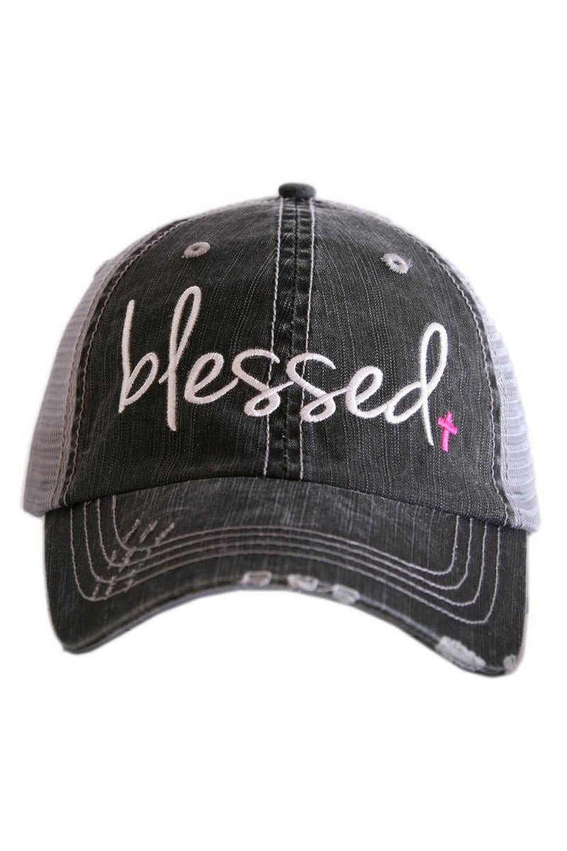 Cursive Blessed Trucker Hat With Pink Cross