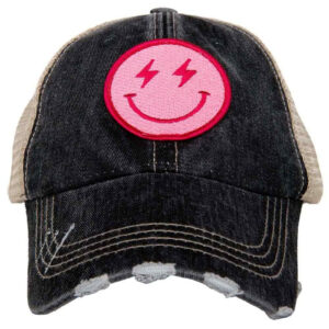 Hot Pink Lightning Happy Face (Black/Tan) Trucker Hat