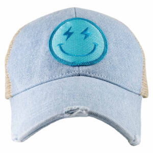 Turquoise Lightning Happy Face Denim Trucker Hat