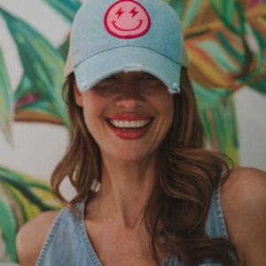 Hot Pink Lightning Happy Face Denim Trucker Hat