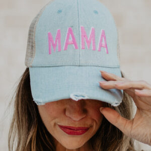 MAMA (Pink and White) Denim Trucker Hat