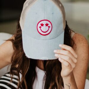 Star Eyed Happy Face Denim Embroidered Trucker Hat
